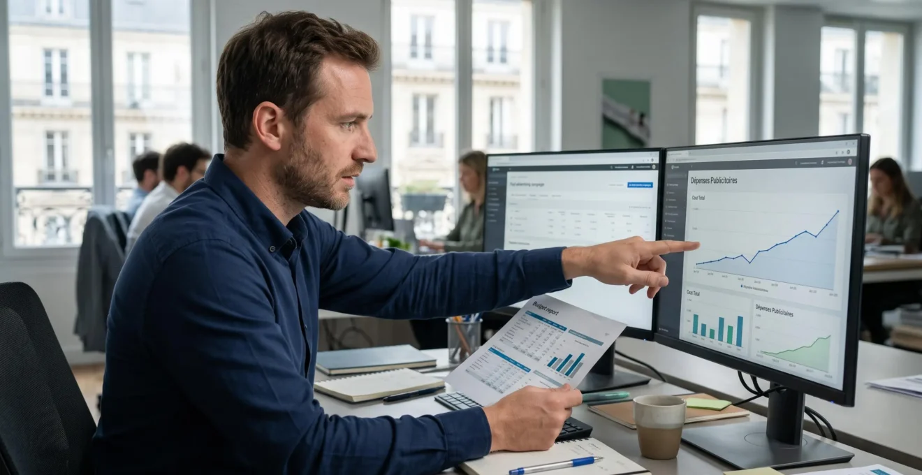 Un responsable marketing analyse une hausse des coûts sur un tableau de bord de campagne publicitaire payante dans un bureau.