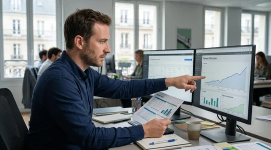 Un responsable marketing analyse une hausse des coûts sur un tableau de bord de campagne publicitaire payante dans un bureau.