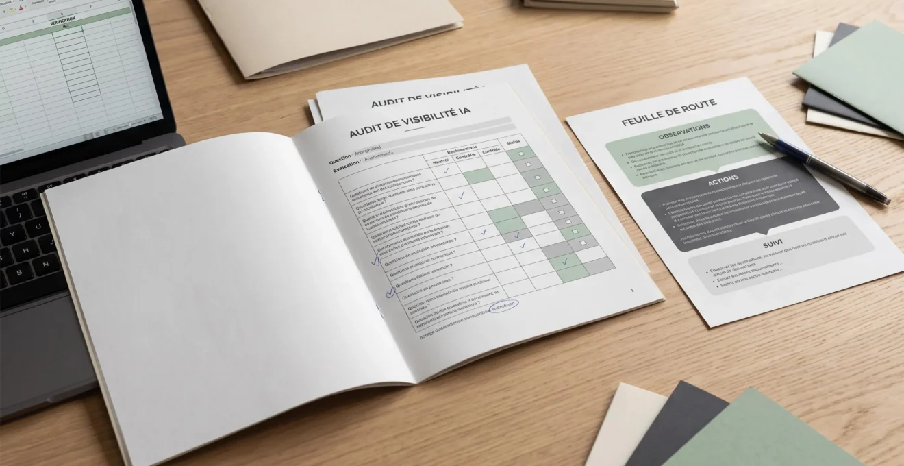 Dossier d'audit GEO présentant un tableau de requêtes, des observations et une feuille de route