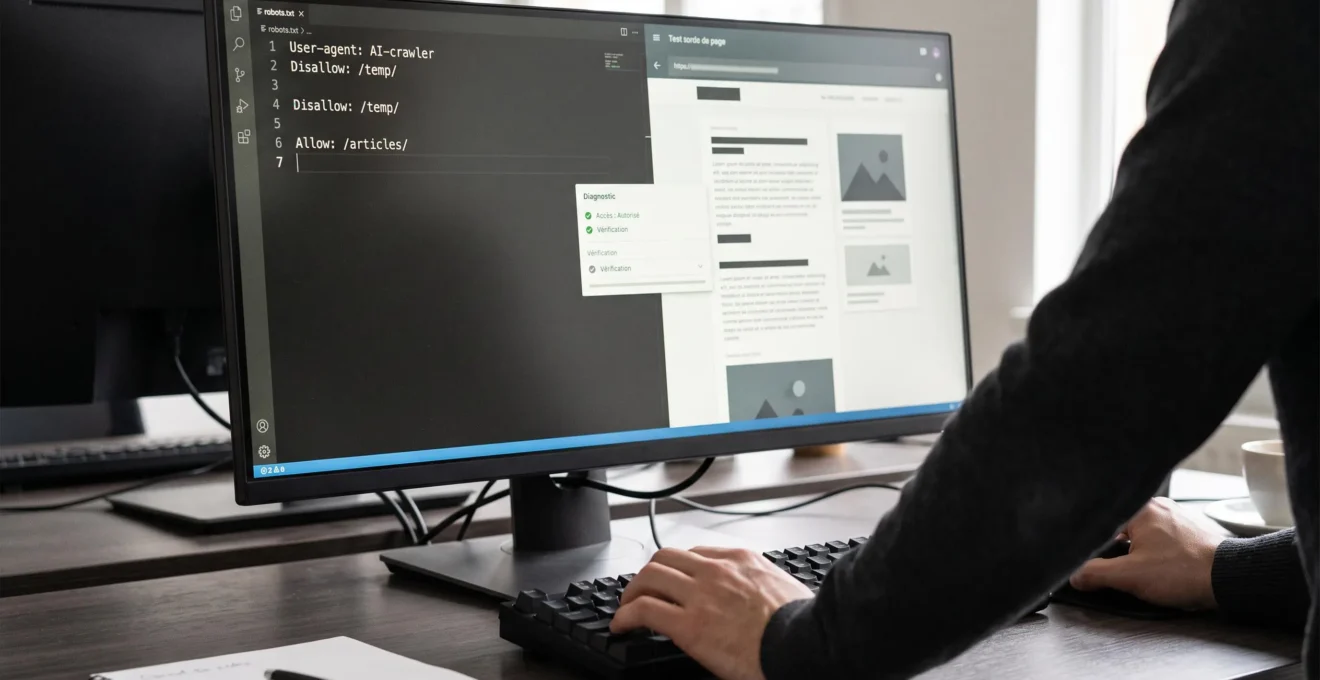 Spécialiste technique vérifiant des règles d'accès aux robots et le rendu d'une page web